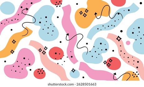 Organic colorful forms with squiggles, dots, and playful abstract accents in soft tones. Creative hand-drawn style on a white canvas.