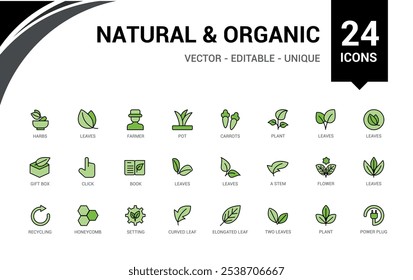 Organic colorido conjunto de ícones de linha. Contém ícones como parabeno, tóxico, alimento, planta, ecologia, mineral, alérgeno. Design de ícones isolados. Ícone de vetor editável e ilustração.