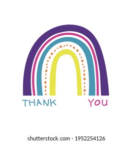 Organic colourful rainbow vector illustration, with thank you message in a childlike doodle style