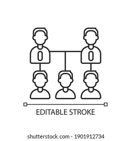 Icono lineal de la estructura orgánica de la empresa. Jerarquía de informes plana. Liderazgo y personal. Ilustración personalizable de línea delgada. Símbolo de contorno. Dibujo de contorno aislado del vector. Trazo editable