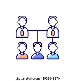Organic company structure RGB color icon. Horizontal interactions among employees. Flat reporting hierarchy. Leadership and personnel. Small organizations and startups. Isolated vector illustration
