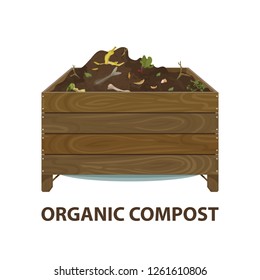 Organic Compost. Cartoon Wooden Box With Ground And Food Garbage. Zero Waste Theme. Illustration Of Bio, Organic Fertilizer, Compost, Soil, Agronomy. Colored Flat Icon, Vector Design.