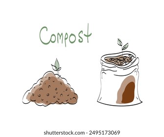 Organic compost and Garden tools. Compost theme cartoon flat icons set. Hand drawn vector illustration modern trendy flat cartoon. Ecological lifestyle concept.	