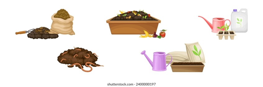 Organic Compost and Plant Fertilizer for Garden Work Vector Set