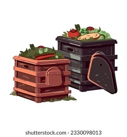 organic compost in wooden basket over white