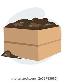 Organic compost. wooden box with ground and food garbage. Zero waste theme.