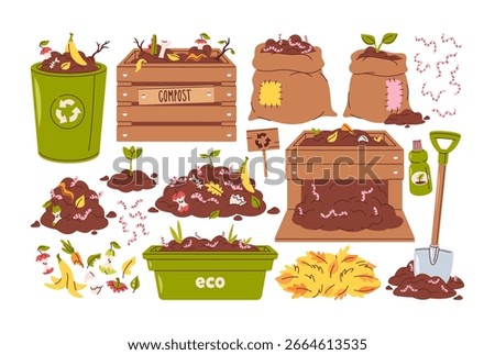 Organic composting and recycling elements set with eco-friendly waste heap, bins, wood crate, sacks