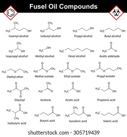 Organic compounds of fusel oil, structural chemical molecular formulas, alcohol  distillation substances, 2d vector isolated on white background, eps 8