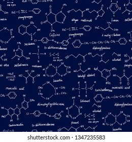 Organic compounds. Seamless texture. Sketch of the school blackboard with the chemistry organic compound. Organic chemistry.