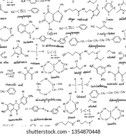 Organic Compounds. Seamless Texture. Sketch Of The School Blackboard With The Chemistry Organic Compound. Organic Chemistry. 