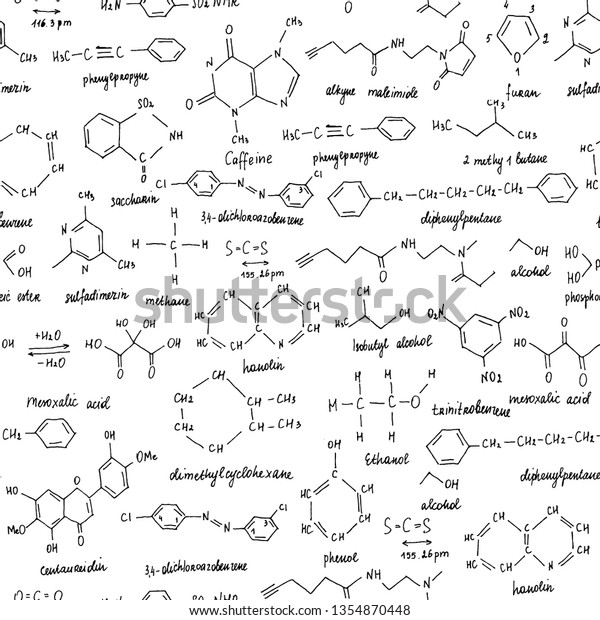 Organic compounds. Seamless texture. Sketch of the\
school blackboard with the chemistry organic compound. Organic\
chemistry. 