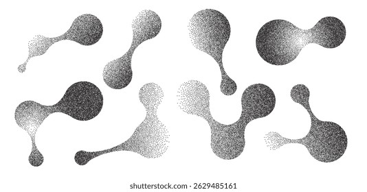 Figuras de conexão orgânica com textura gradiente de ruído de grãos. Formas de molécula de metabolito retro Y2k definidas. Ícones de biologia nano em fundo branco. Ilustração de formas de gradação de cor de areia vetorial.