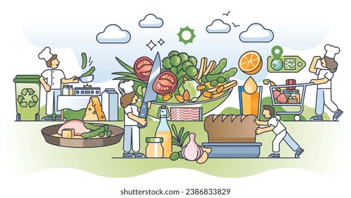 Taller de cocina orgánica para desarrollar el concepto de esquema de habilidades de preparación de alimentos. Ingredientes ecológicos o consumo de productos de alimentación para la ocupación del chef aprendiendo ilustraciones vectoriales. Enseñando a comer de manera saludable