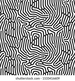 Organic coral background with rounded lines. Diffusion reaction seamless pattern. Linear design with biological shapes. Abstract vector illustration in black and white.