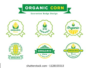 organic corn guarantee badge design set with corn field,corn fruit,rooling pin,world icon and ribbon element vector,illustration