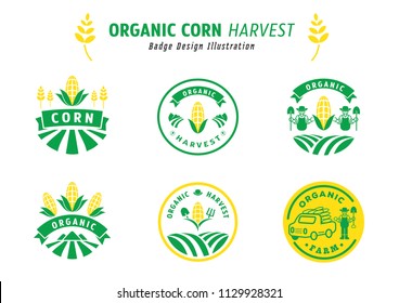 organic corn harvest badge design vector illustration with corn field,farmer,farm utensil,corn fruit,truck and mountain
