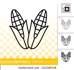 Organic corn thin line icon. Outline web sign of cob. Maize linear pictogram with different stroke width. Simple vector symbol, transparent background. Fall harvest editable stroke icon without fill