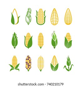 Organic corn vector icons isolated on white background. Corn and corncob vegetable organic illustration