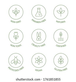 Organic cosmetic badges collection. Product free allergen line icons set. Organic stickers. Natural products labels. GMO free emblems. Healthy eating. Vegan, bio food. Vector illustration.