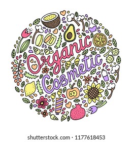 Organic cosmetic banner. Set of herbal, fruit, vegetable elements. Vector illustration.