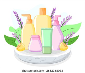 Organic Cosmetic Bottles Arranged on Minimal Pedestal Surrounded by Leaves and Citrus Details