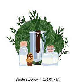 Organic cosmetic concept of bottles and tubes in front of plants and herbs. Herbal cosmetics print. Flat vector hand drawn style. Woman stuff, eco girls accessory concept. Natural face care products