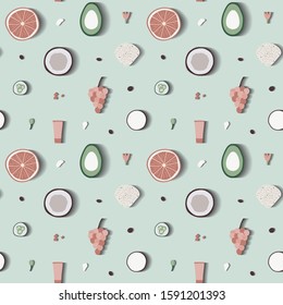 Organic cosmetic concept, flat lay composition with shadow. Seamless pattern with natural cosmetic products peeling and massage brushes. Vector