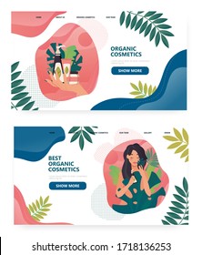 Organic cosmetic concept illustration. Natural cosmetics, body care. Beauty spa salon. Woman try cream. Vector web site design template. Landing page website illustration