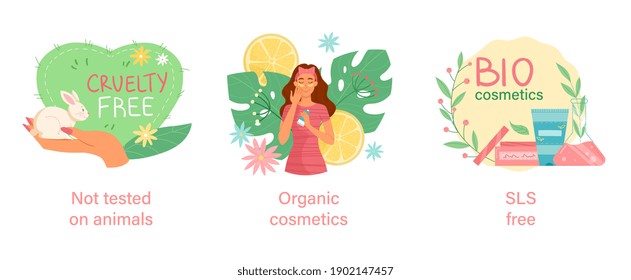 Organic cosmetic concept. Set of flat cartoon modern vector illustrations isolated on white background