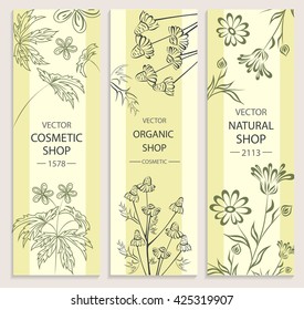 Organic cosmetic eco products. Floral, botanical banner collection. Vector Illustration