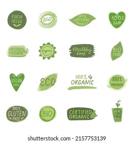 Organic cosmetic icon set. Eco fiendly, bio certified product. Vegan healthy food logo. Farm fresh label. Nature vegetarian badge. Green leaf emblem. Quality symbol. Gluten free. Vector illustration.