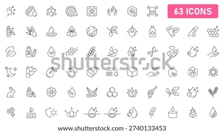 Organic cosmetic icon set. Eco cosmetics icon. Organic natural products. Natural cosmetics. Eco friendly, sensitive skin, vegan, paraben, antibacterial, allergen free, lab tested. Editable Stroke.