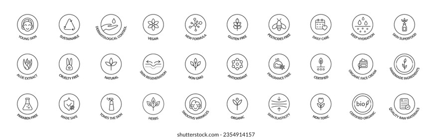Organic cosmetic icon set. Natural product badges. Allergen free line icons. GMO free emblems. Certified organic stickers. Healthy eating. Vegan, bio food label. Cruelty free. Vector illustration. svg