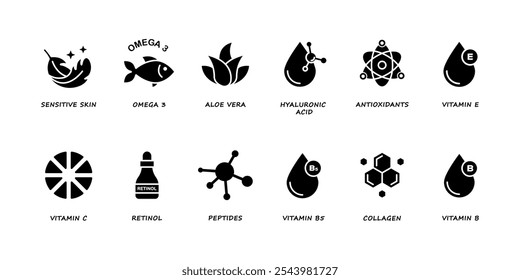 Organic cosmetic icon set. Natural skin care components or elements. Omega-3, Vitamin E, Hyaluronic acid, Peptides, Retinol signs, stickers or labels. Organic skin care icon set. Vector