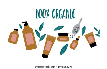 Organic cosmetic icon set. Shampoo, conditioner, hand and face creams, serum and body lotion. Herbal cosmetics collection. Woman stuff, eco girls accessory concept. Natural face and body care product