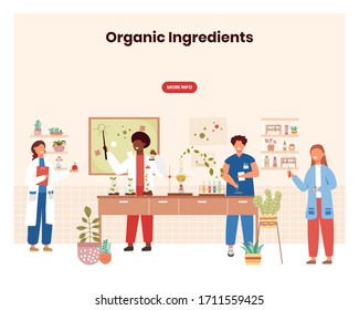 Organic cosmetic lab concept illustration. Scientists work in chemistry and biology laboratory. Cosmetics natural ingredients. Herbal medicine. Vector web site design template. Landing page website.