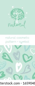 Organic cosmetic label, natural cosmetic for bio tab design. Vector icons of heart. Eco friendly background. Hearts pattern and logo for beauty care products. Packaging design template.