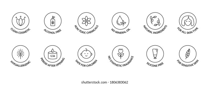 Organic cosmetic labels set. Product free allergen line icons. Natural products badges. GMO free emblems. Organic stickers. Vegan, bio food. Healthy eating. Vector illustration.