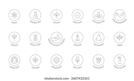 Organic cosmetic labels set. Product free allergen editable line icons. GMO free emblems. Organic stickers. Natural products badges. Healthy eating. Vegan, bio food, ecology. Vector illustration.