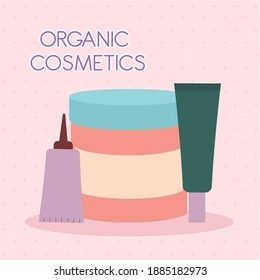 organic cosmetic lettering with a bundle of organic cosmetic icons on a pink background vector illustration design