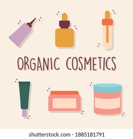 organic cosmetic lettering with a set of organic cosmetic icons vector illustration design