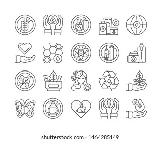 Organic cosmetic line black icons set. Labels for natural cosmetic product sign. Not tested on animals, paraben free, gluten free, GMO free. Beauty industry. Pictogram for web page, mobile app, promo.