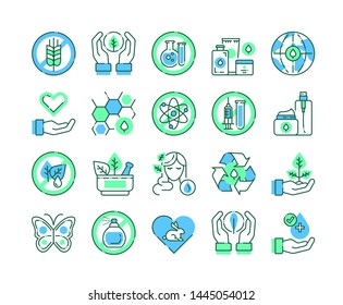 Organic cosmetic line color icons set. Labels for natural cosmetic product sign. Not tested on animals, paraben free, gluten free, GMO free. Beauty industry. Pictogram for web page, mobile app, promo.