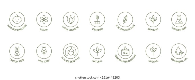 Organic cosmetic line icon big set. Natural product badges. Clean cosmetic, safe for children, hypoallergenic, non toxic. GMO free emblems. Vegan, bio food. Vector illustration.