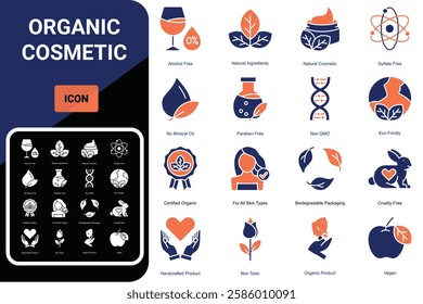 Organic Cosmetic line icon set. Skincare, organic fragrance and colors, no animal testing