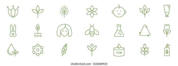 Organic cosmetic line icons big set. GMO free emblems. Eco, vegan, bio food. Hypoallergenic, safe for children, clean cosmetic, non toxic. Organic products badges. Vector illustration.