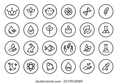 Organic cosmetic line icons. Bio, natural food. Skincare pictogram. Product free allergen labels. GMO free emblems. Organic sticker. Healthy eating. Handmade ecology symbol. Vector.