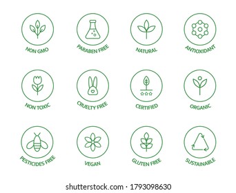 Organic cosmetic line icons set. GMO free emblems. Natural product badges. Product free allergen labels. Organic stickers. Healthy eating. Vegan, bio food. Vector illustration.