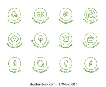 Organic cosmetic line icons set. Natural ingredients badges. GMO free emblems. Hypoallergenic, safe for children, clean cosmetic, non toxic. Vegan, bio food. Vector illustration.