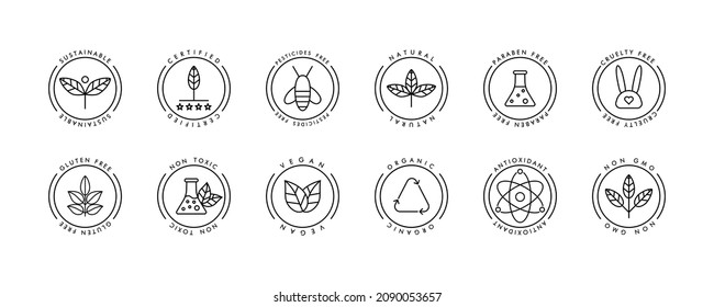 Organic cosmetic line icons set. Eco line badge. Handmade eco logos, natural organic cosmetics vegan food symbols. Product free allergen labels. Natural products badges. GMO free emblems. Vector